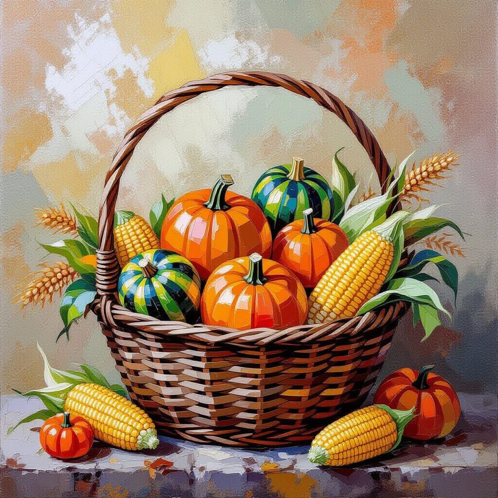 Neo-Impressionist Autumn Harvest Basket Painting