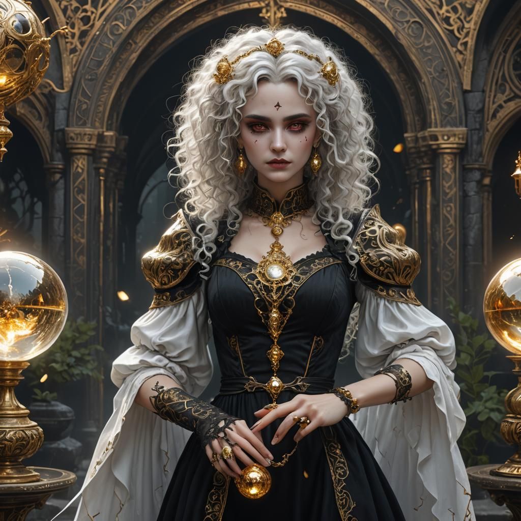 Gothic Sorceress with Golden Ornaments and Glowing Magic Bal...