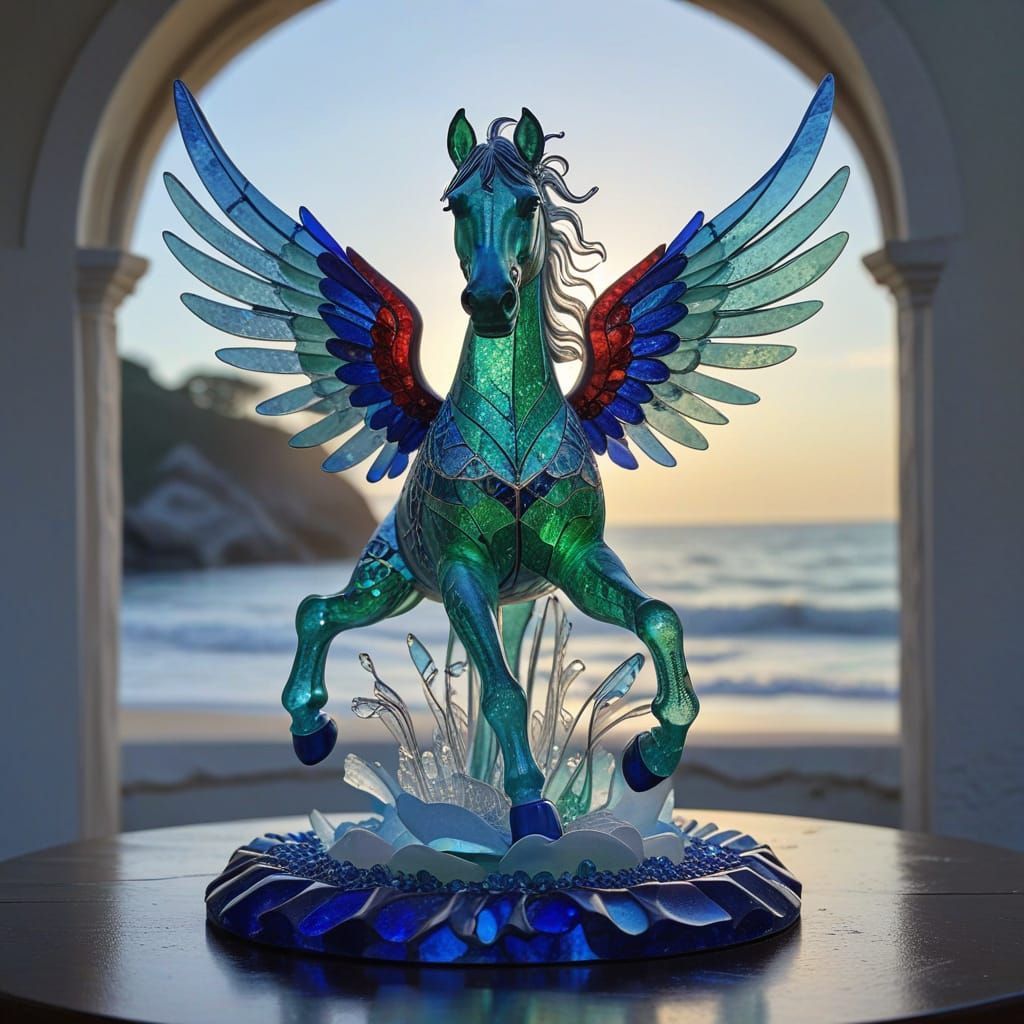 Pegasus Sculpture Crafted From Shimmering Sea Glass
