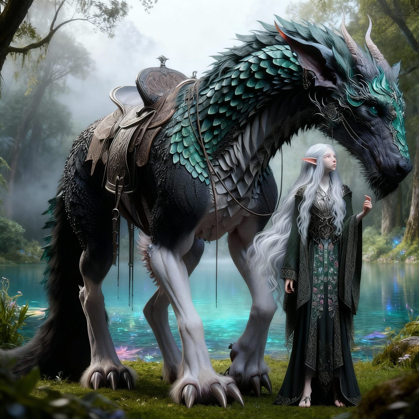 huge black furred and deep green scaled dragon/wolf hybrid mount and her bonded