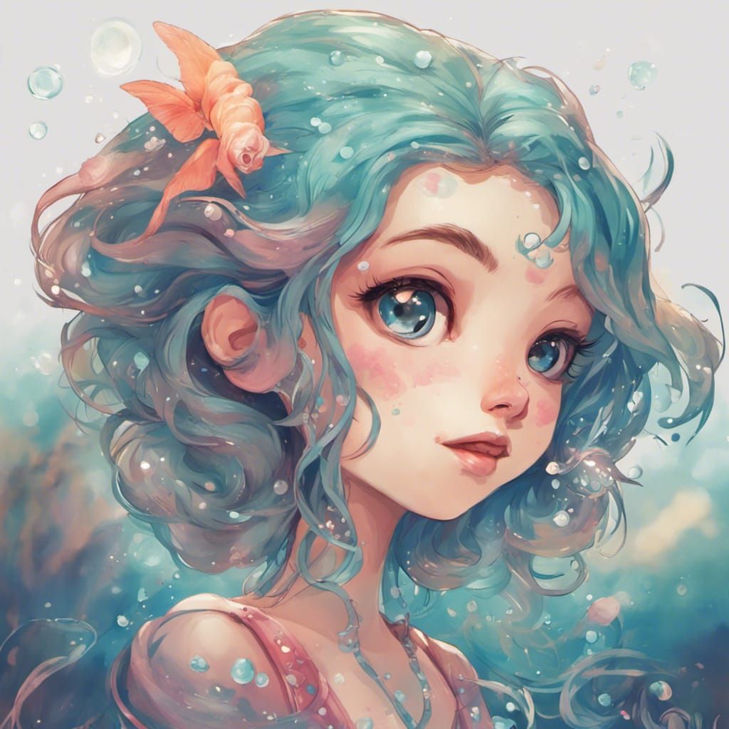 Whimsical Chibi Mermaid Swimming in Nighttime Bioluminescent...