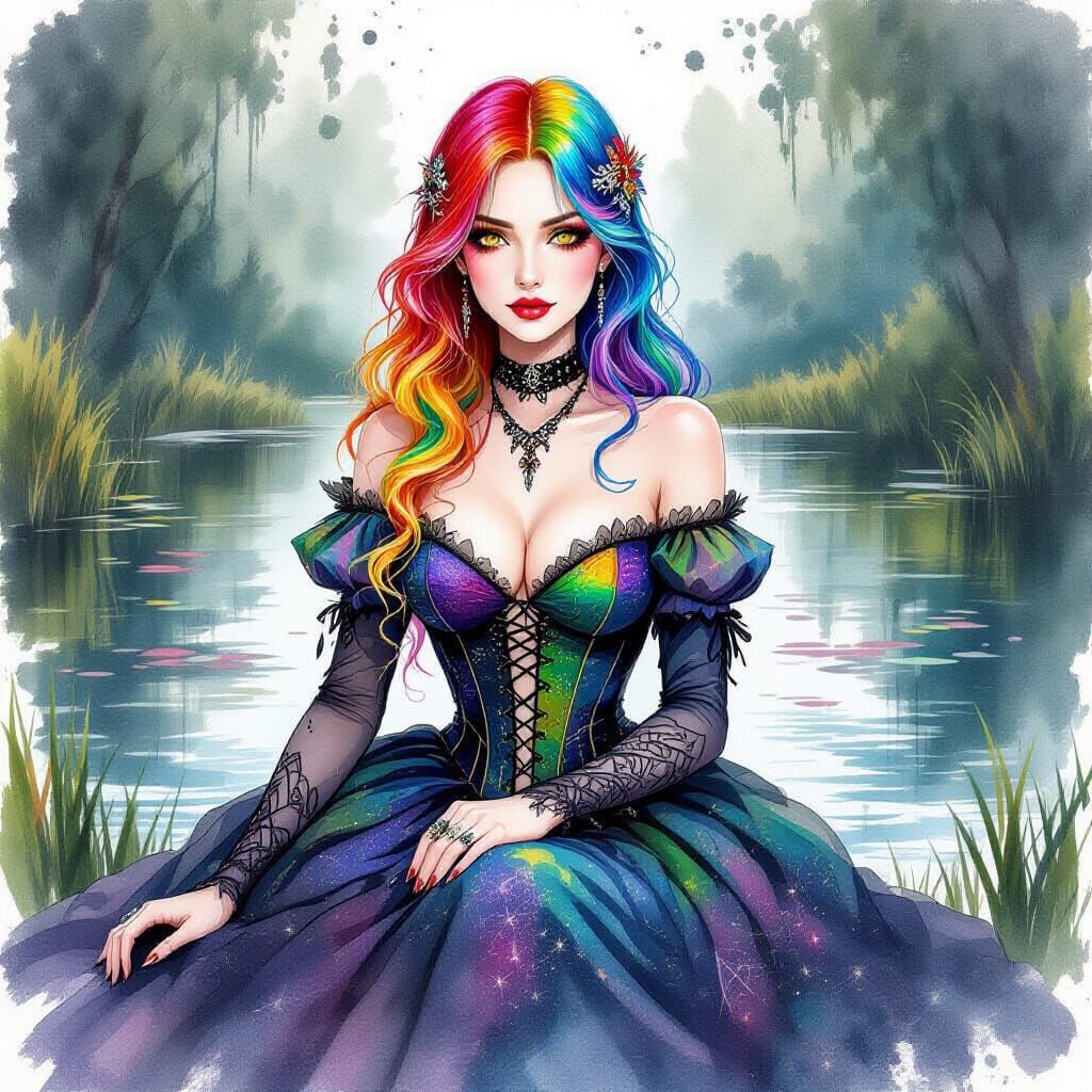 Woman with Rainbow Hair by Pond in Watercolor Style
