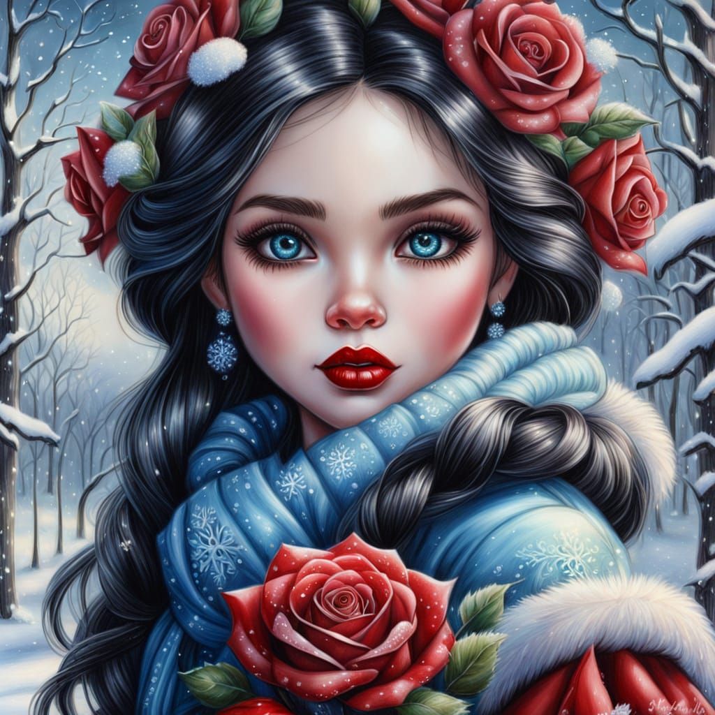 Winter Girl with Roses in Colored Pencil Style