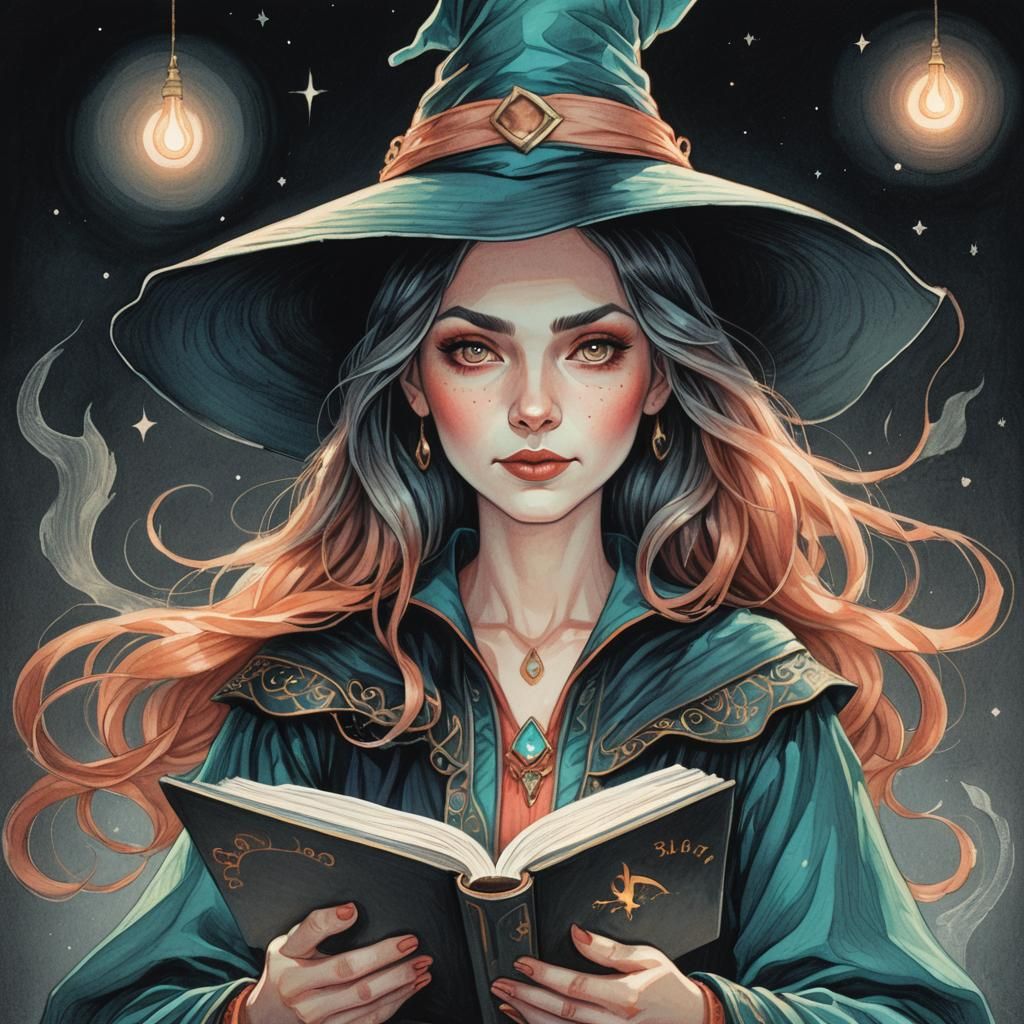 Cute Witch Woman Reads on a Magical White Background