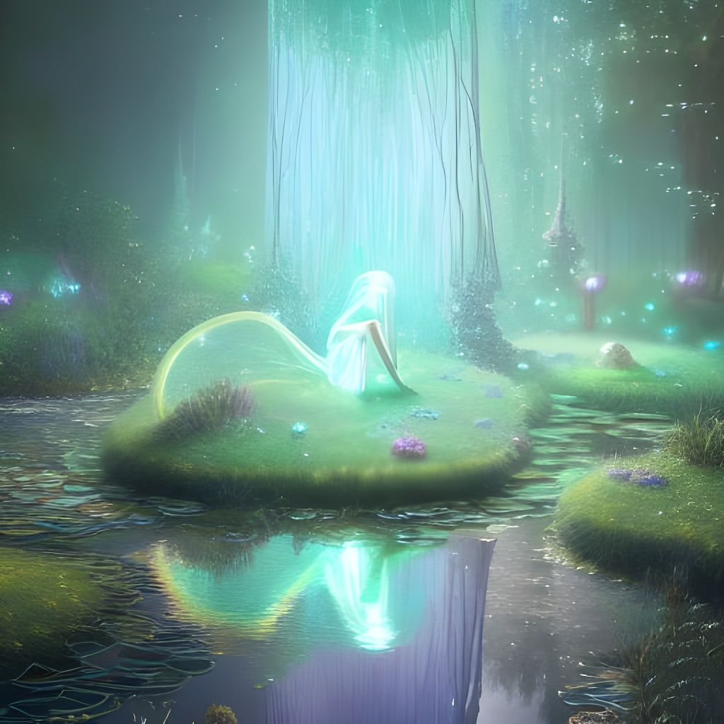 Ethereal Glowing Pond Scene in Hyper-Realistic Style