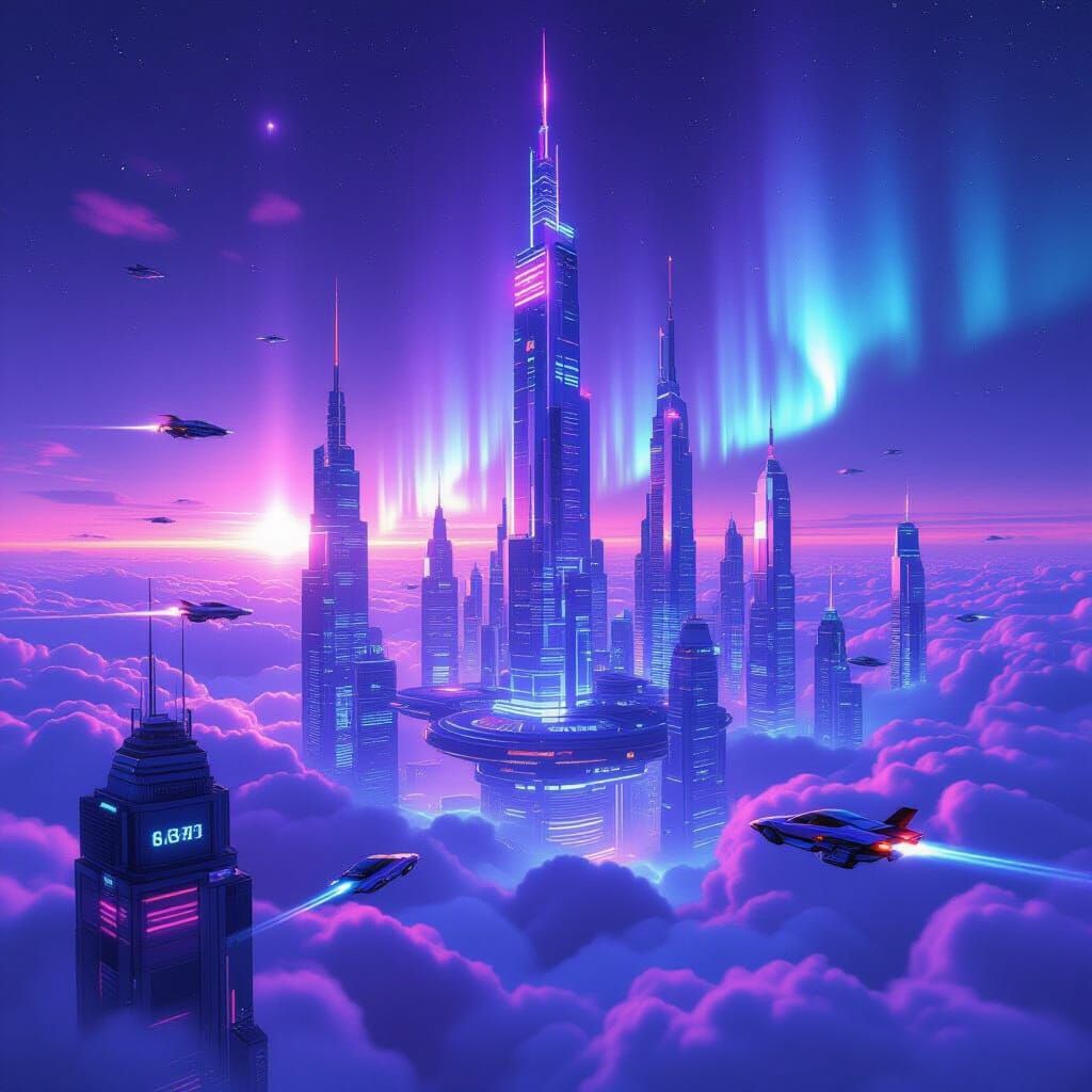 Futuristic Metropolis Floating Above Clouds in Cyberpunk Sty...