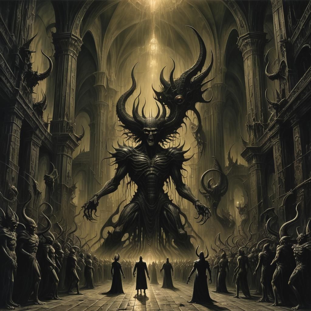 Surreal Dark Cathedral Nightlife Scene with Demonic Dancers