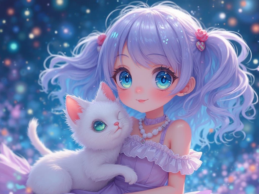 Anime Goddess with Sparkling Blue Eyes and Lavender Hair