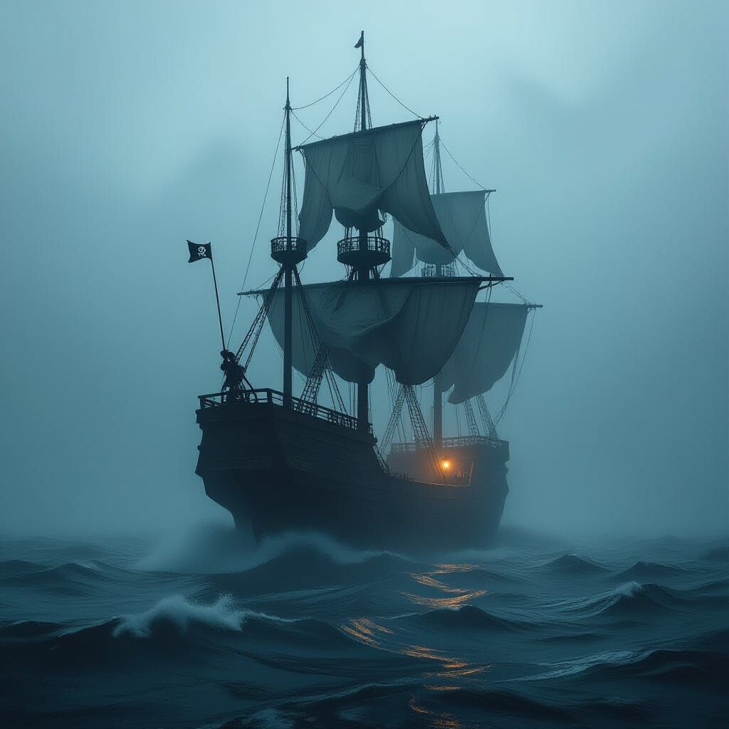 Ghostly Pirate Ship Emerges from Foggy Sea