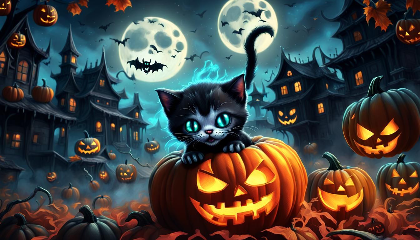 Whimsical Chibi Kitten Emerges from Glowing Jack-O-Lantern i...