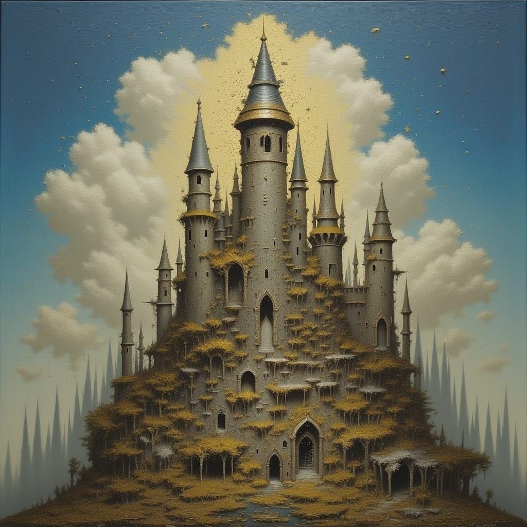 Surreal Wooden Crown with Intricate Castle Carvings in Soft....