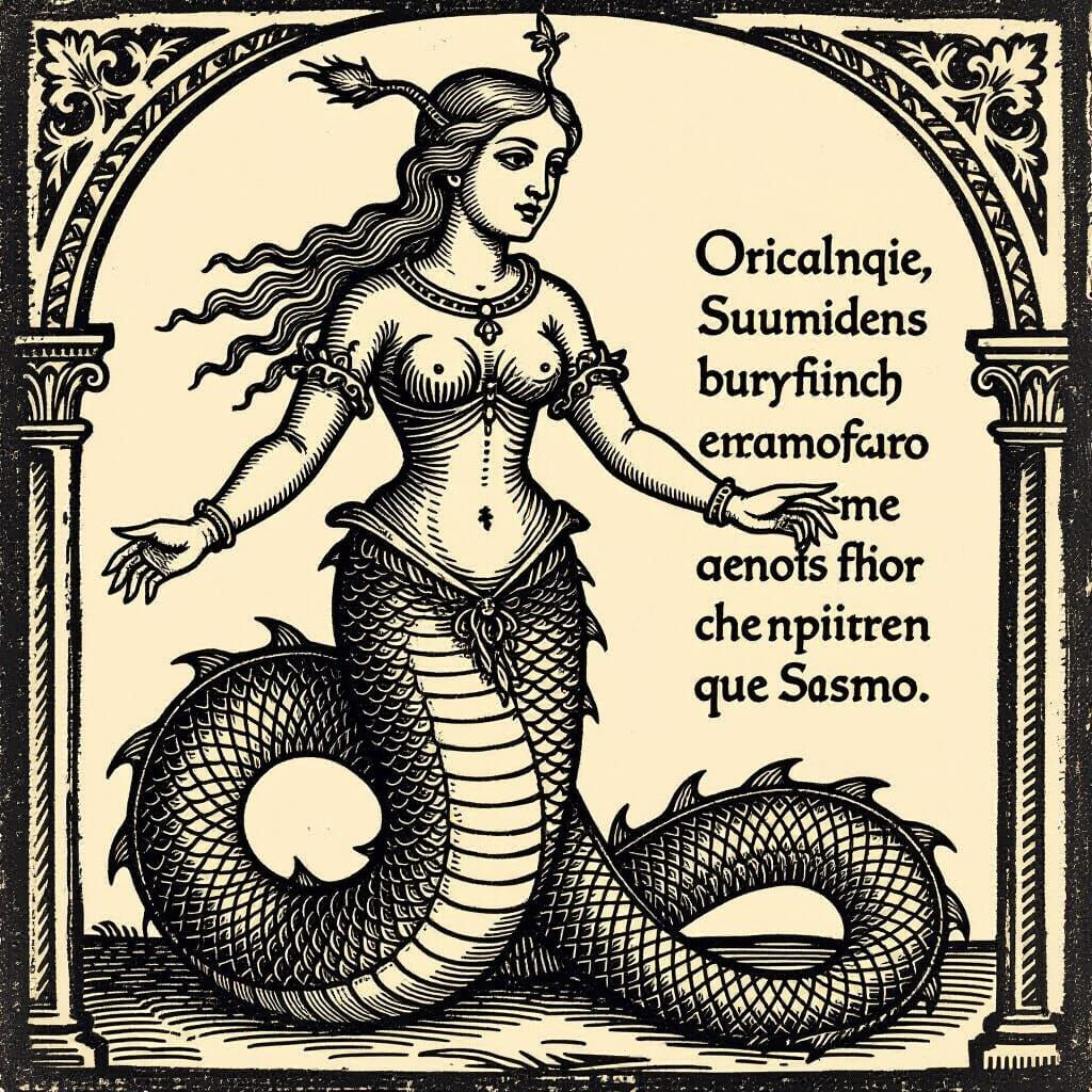 Medieval Woodcut Art of Serpent Woman