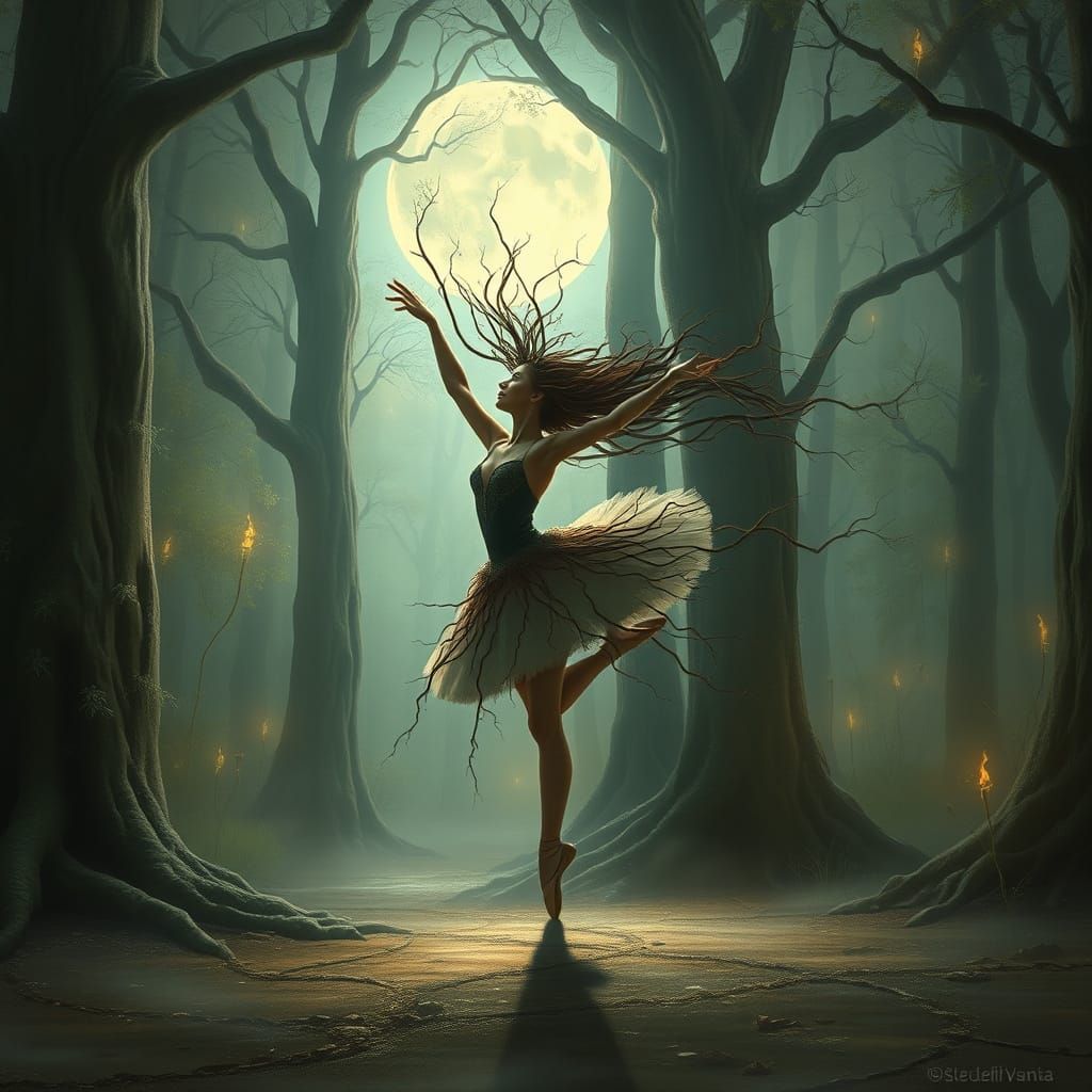 Ballet Dancer with Root Hair in Mystical Forest