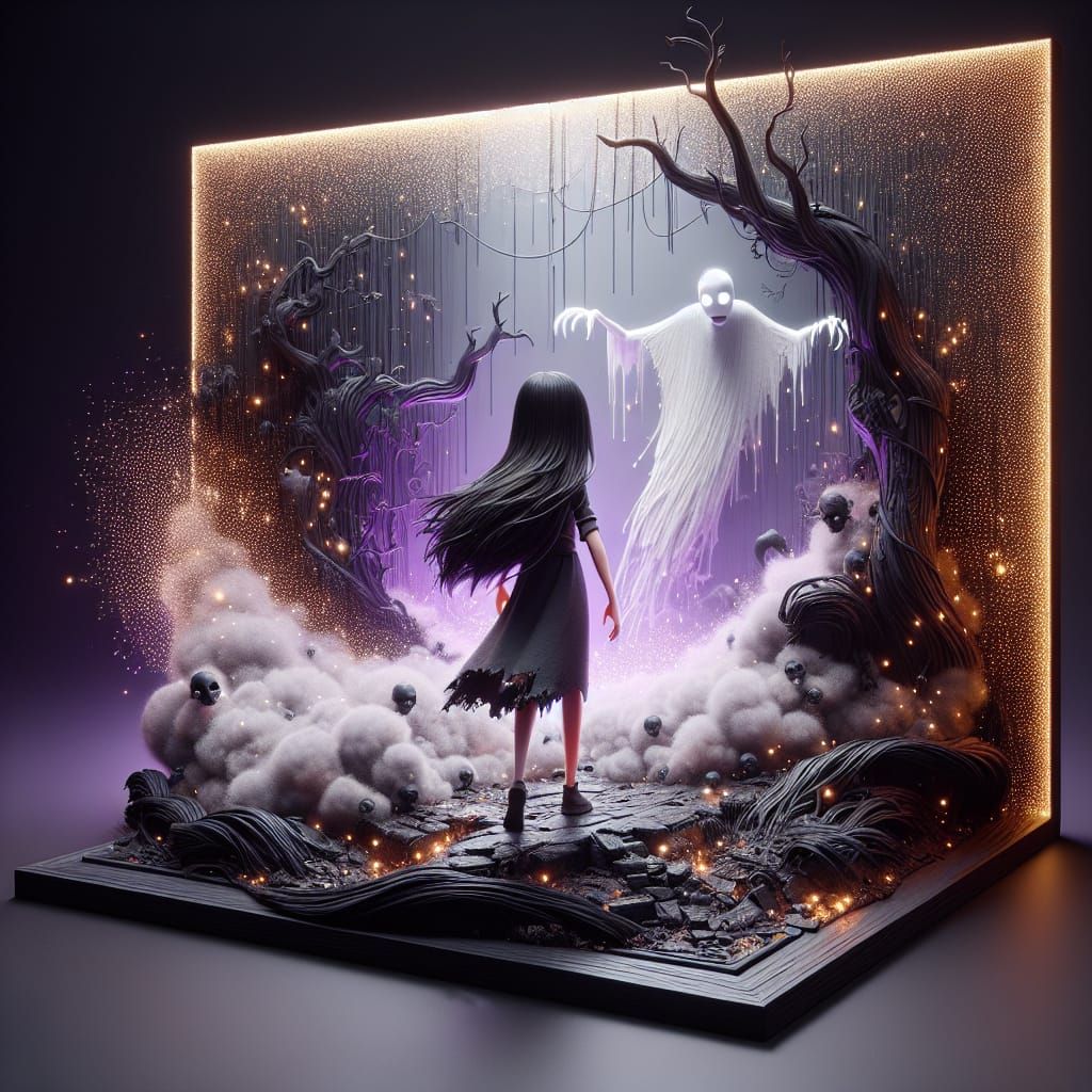 Pixar Styled Dark Fantasy Scene with Young Girl and Ghostly...