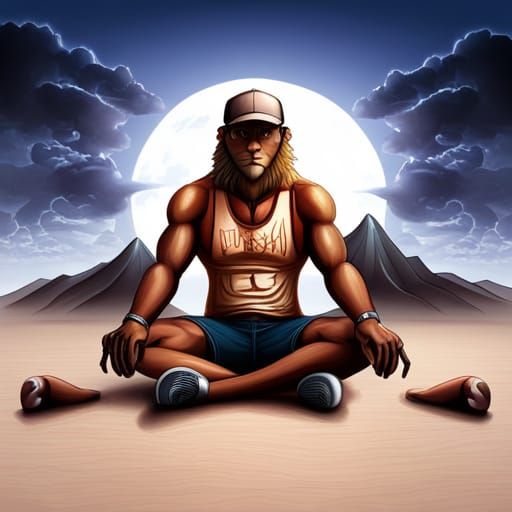 Humanoid Lion in Tank Top Meditates at Sunset