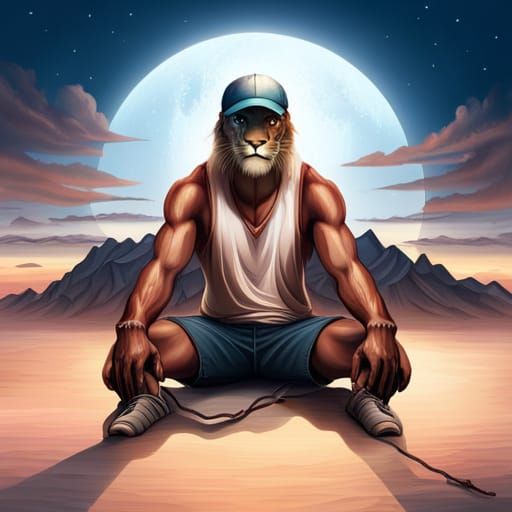 Muscular Lion Meditating at Sunset: Fantasy Concept Art