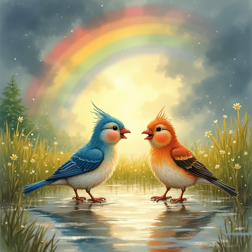 Birds Frolic in a Spring Puddle Amidst a Stormy Sky