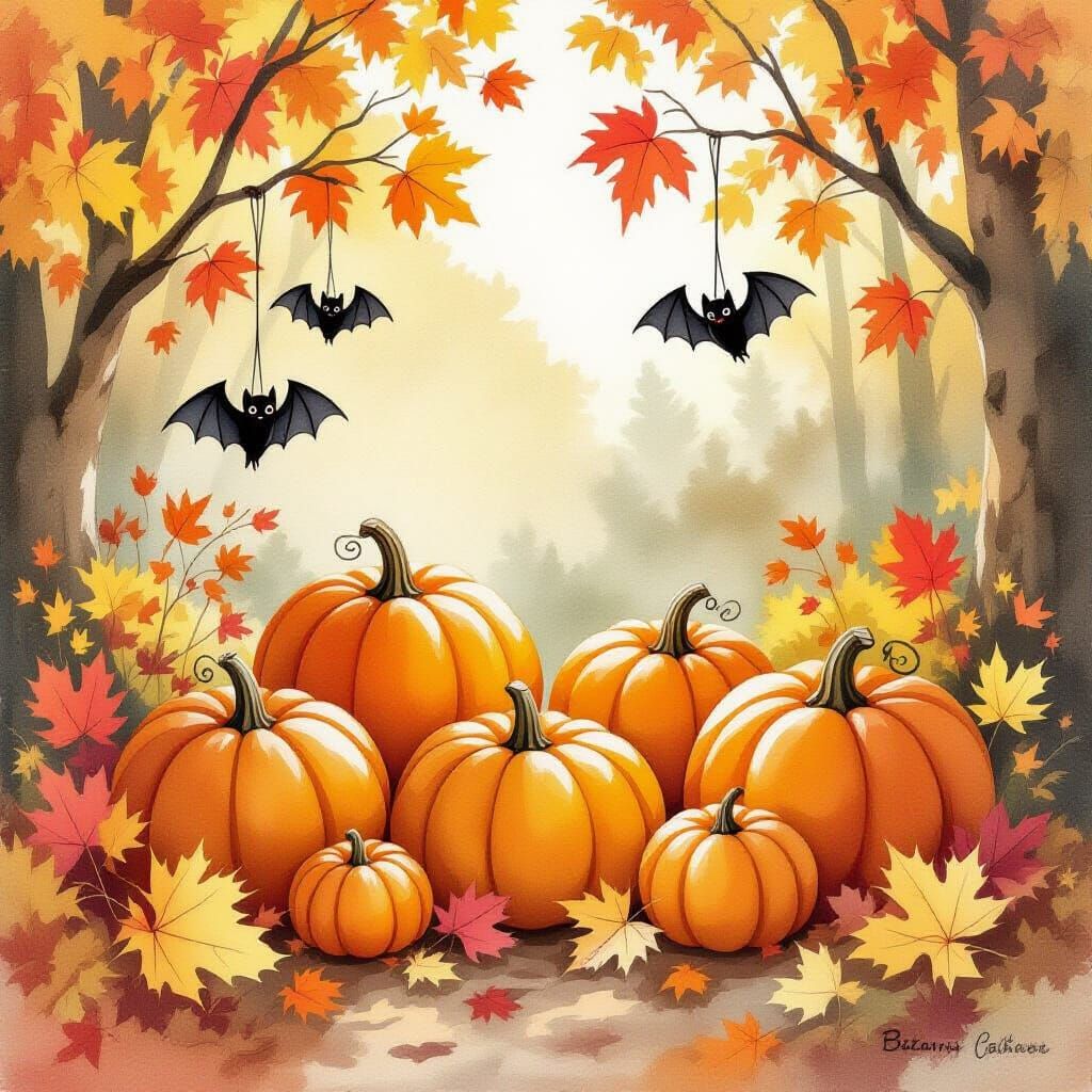 Whimsical Autumn Forest with Pumpkins and Bats