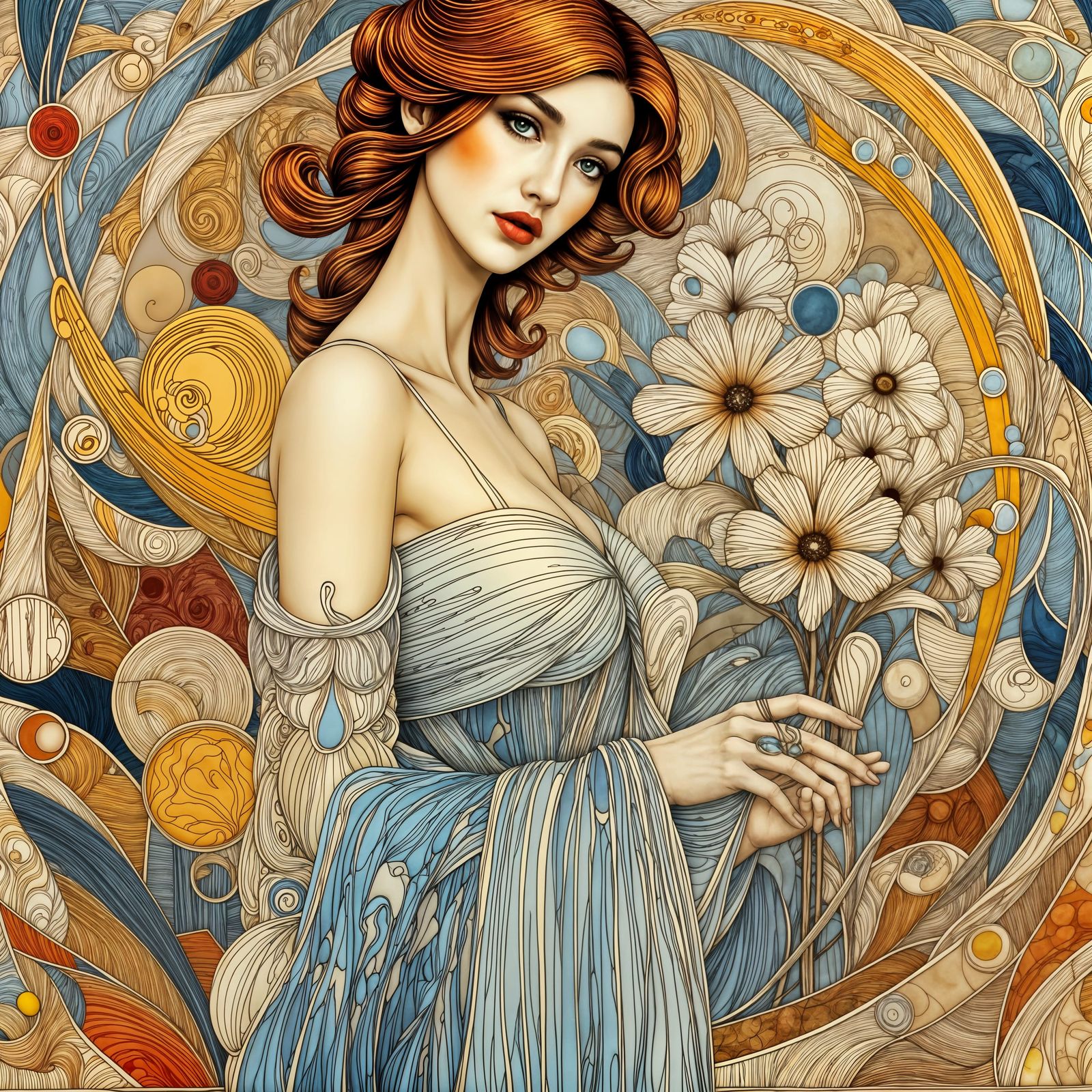 Art Nouveau Woman in Blue Gown with Flowers
