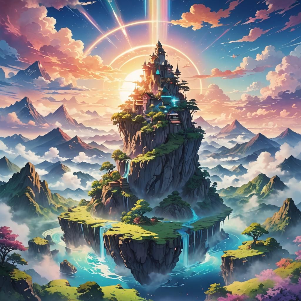 Dreamy Floating Island in Whimsical Japanese Manga Style