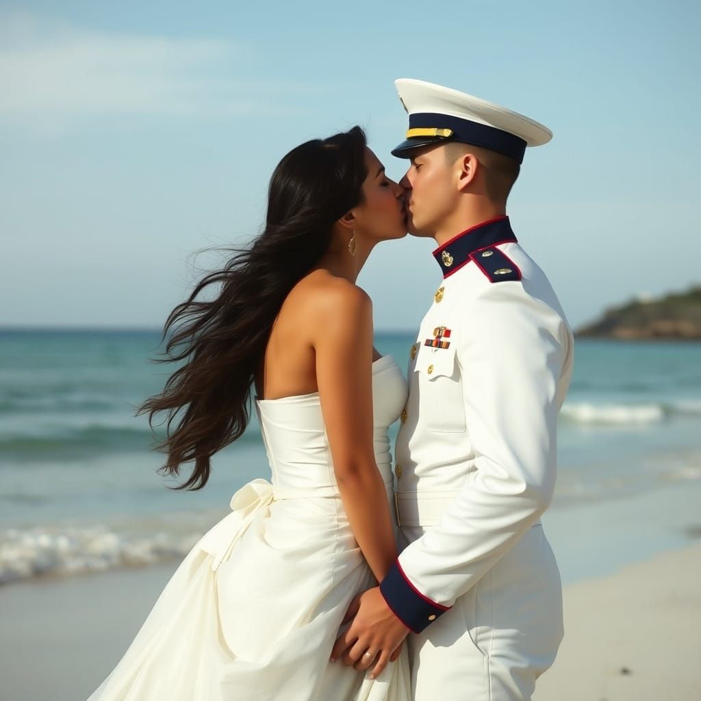 Elegant Bride and Marine Kiss on Beach