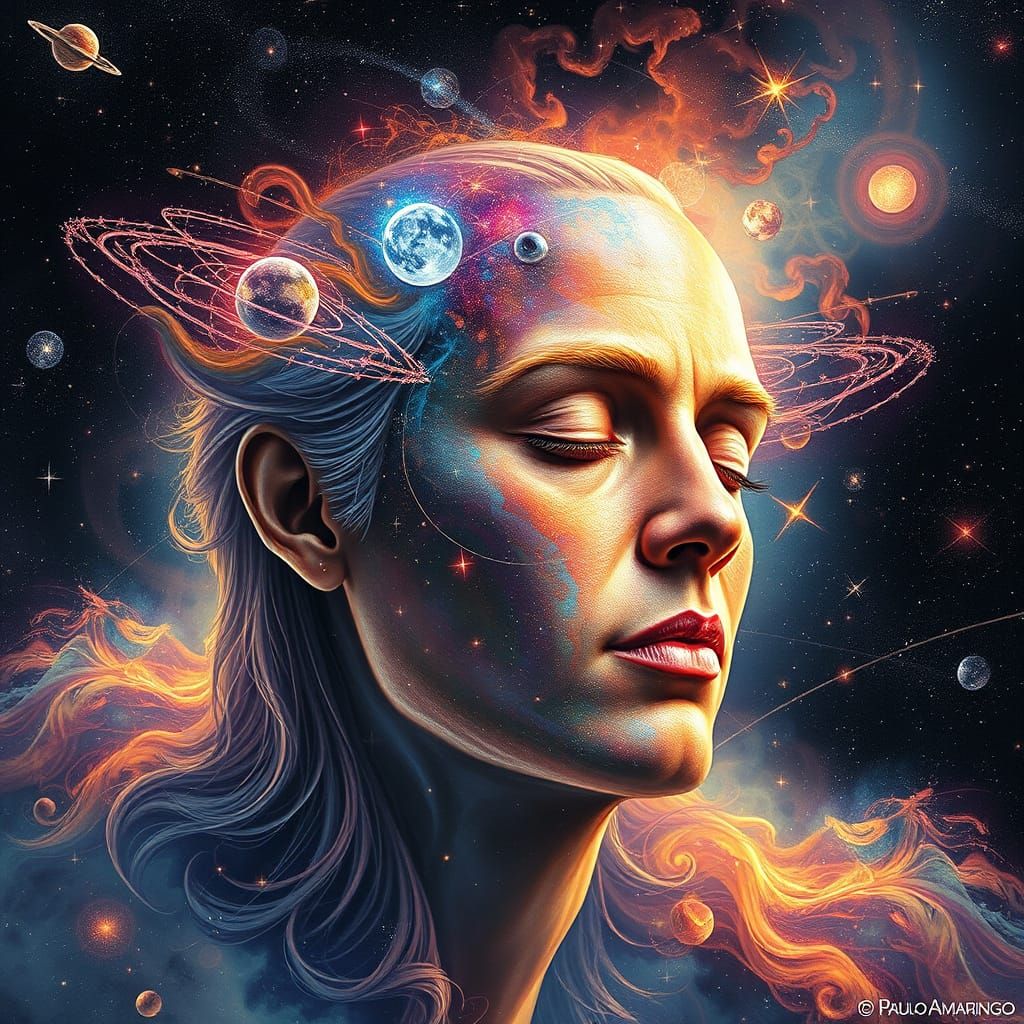 Cosmic Portrait in Vibrant Mixed Media