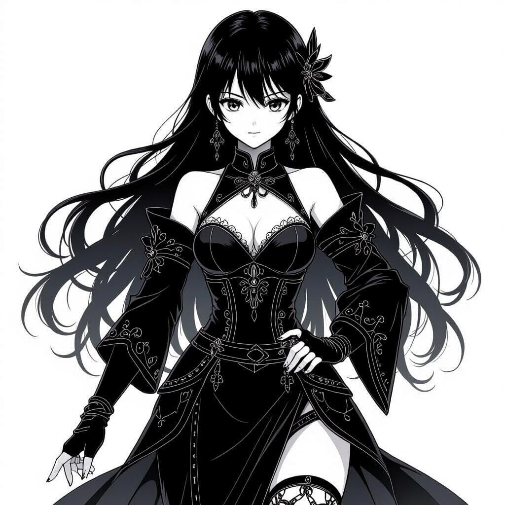 Anime Girl in Black and White Line Art Style