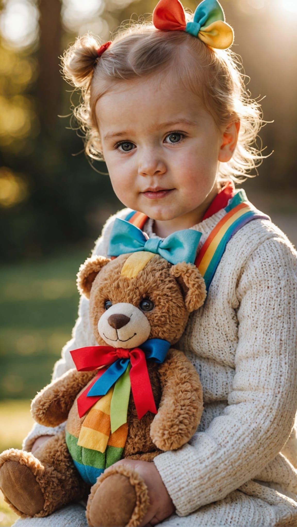 Whimsical Rainbow Teddy Bear Cuddles Baby Girl in Sunny Ligh...