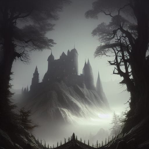 Dark Castle in Fog, Beneath a Full Moon, Cyberpunk Fantasy