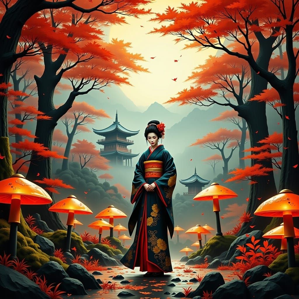 Golden Geisha Amidst Autumn Forest Temple
