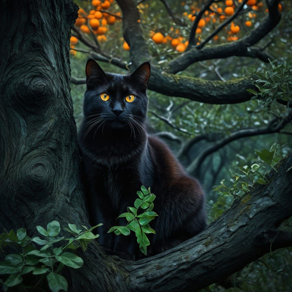 Black Cat on Ancient Oak in Pre-Raphaelite Style