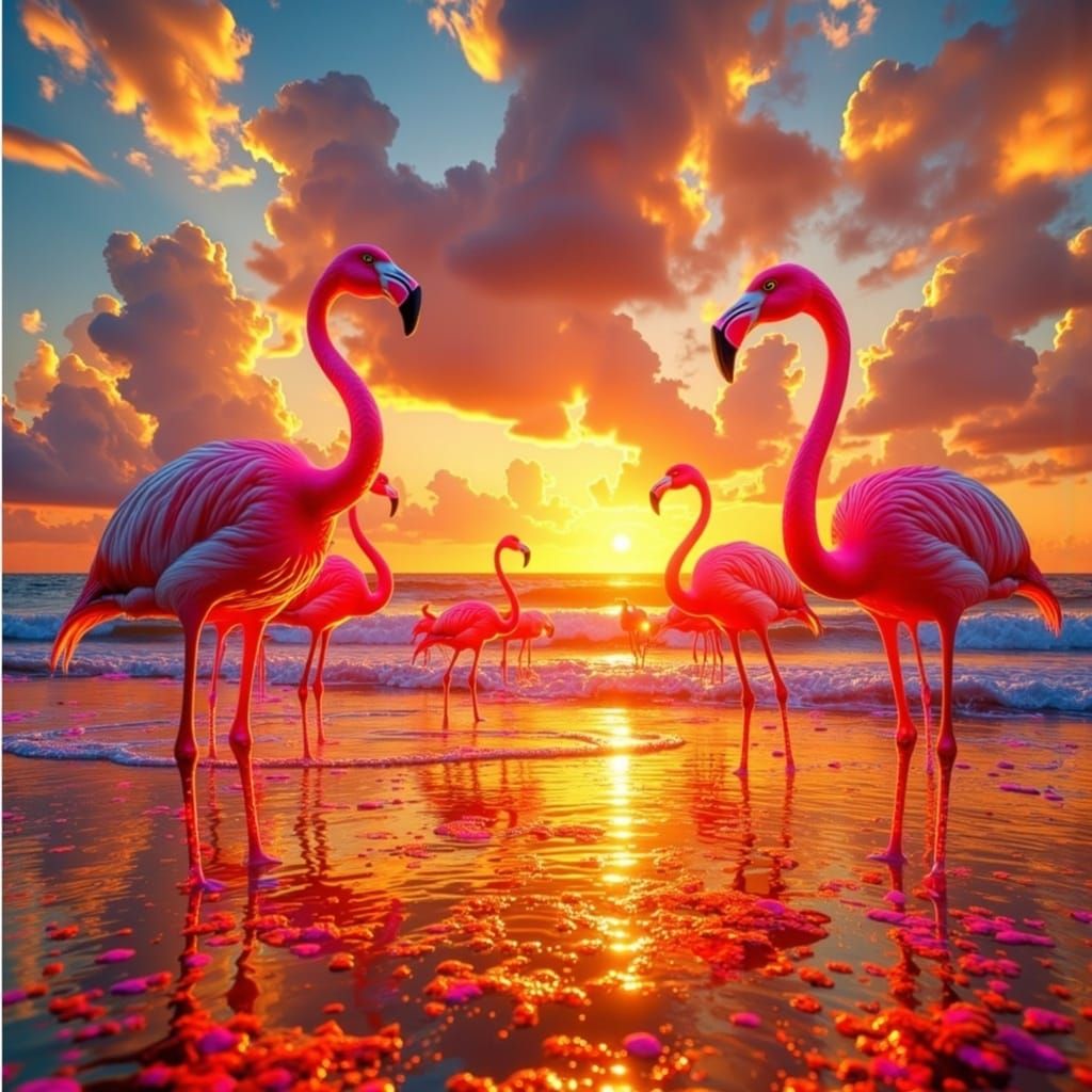 Vibrant Flamingos Dissolve into Golden Waters in Hyperrealis...