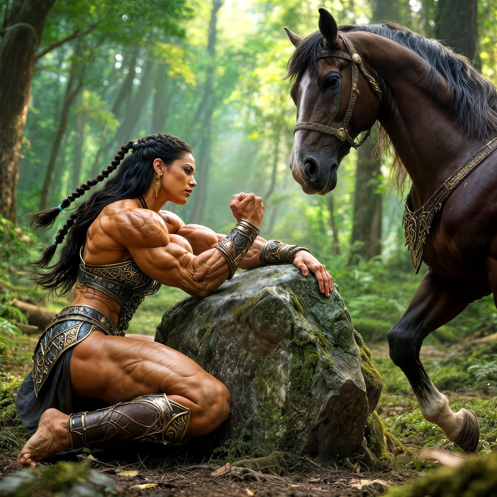 Amazonian Woman Arm Wrestling a Centaur in Forest Clearing