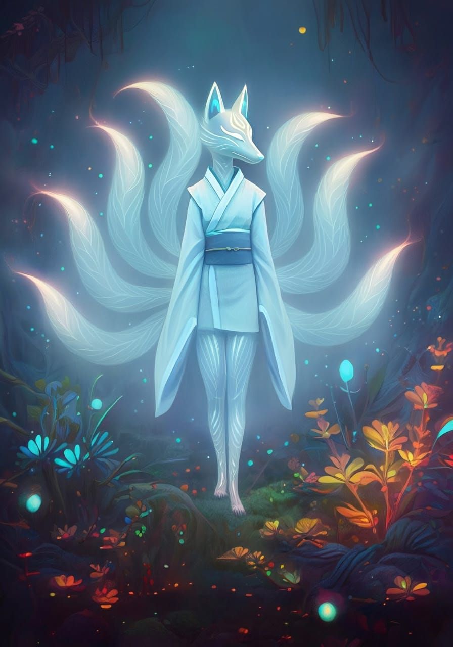 Surreal Kitsune Goddess in Ethereal Moonlit Forest