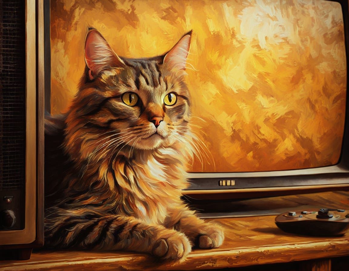 Baroque Cat Watches TV in Oil Painting Style