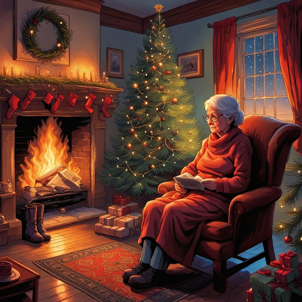Warm Christmas Scene with Elder Woman and Vibrant Colors