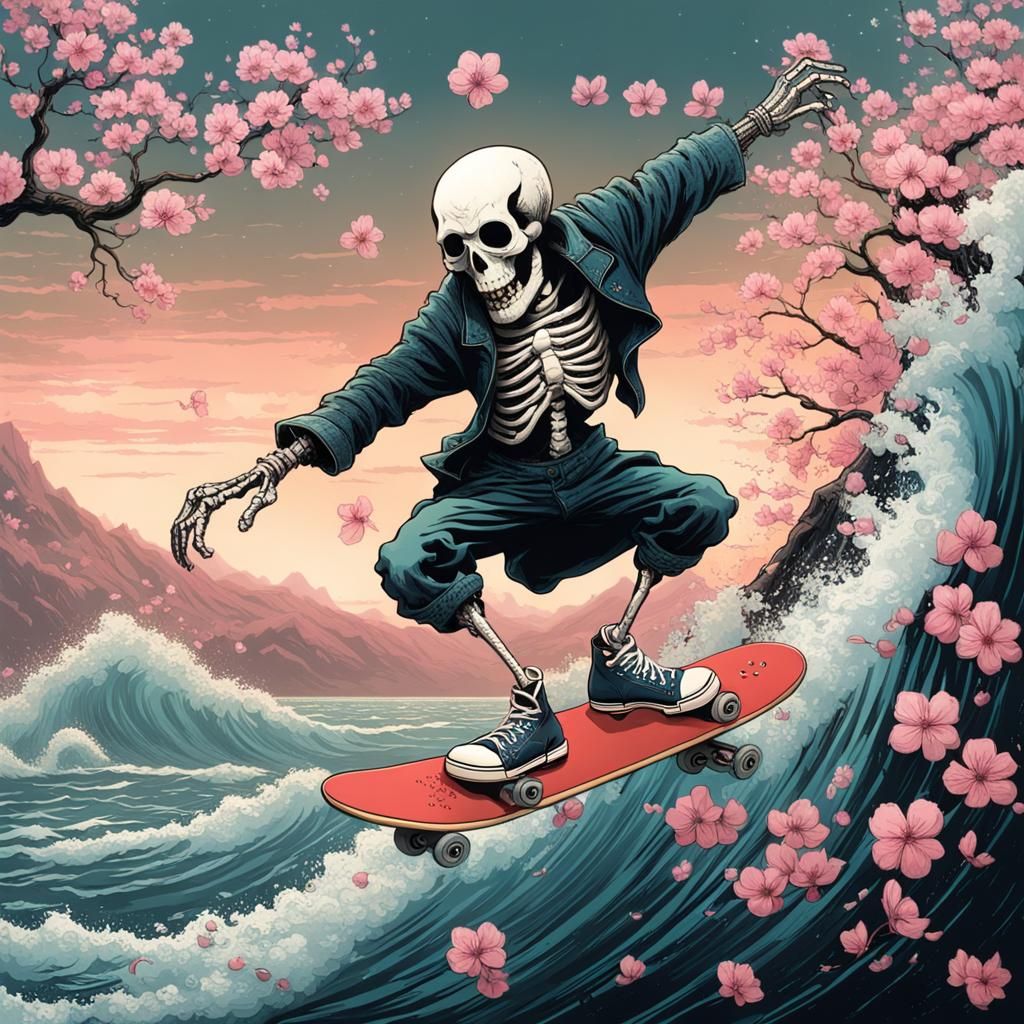 Cyberpunk Skeleton Shreds Cherry Blossom Waves