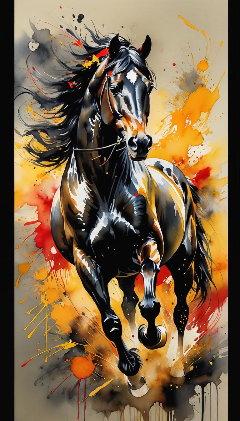 Galloping black horse, painting