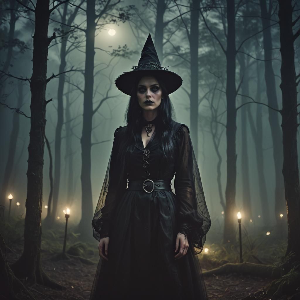 Gothic Witch Girl in Moonlit Forest
