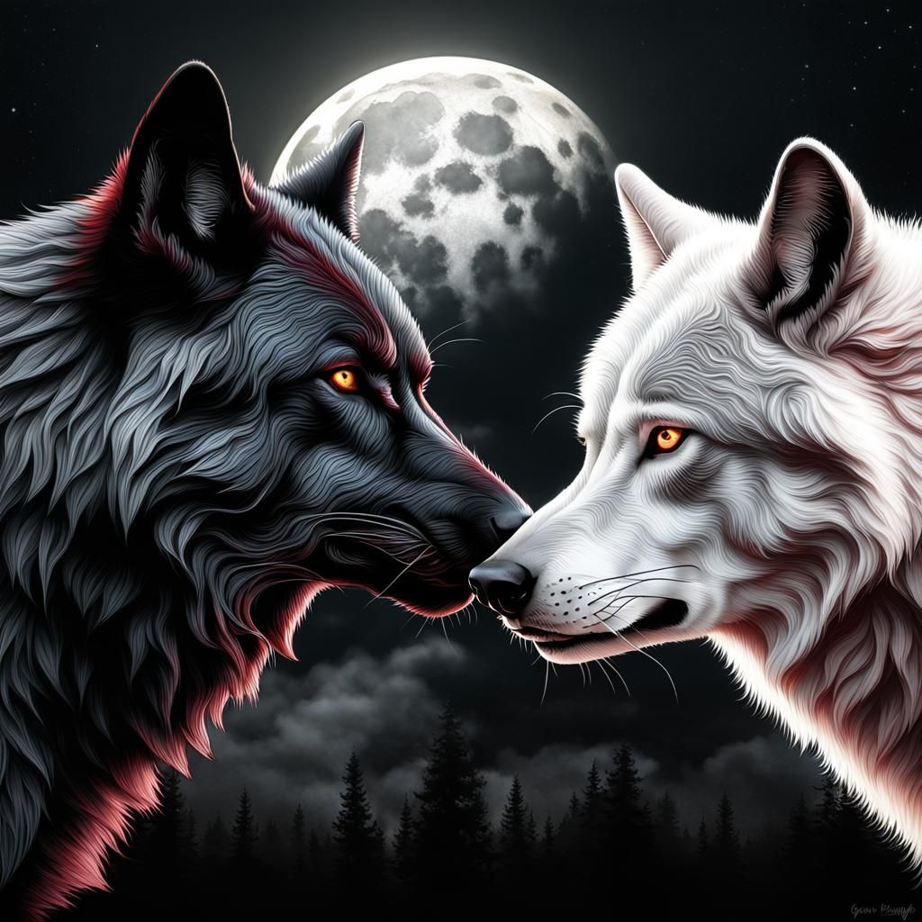 Gothic Wolves Embracing Under a Blood Moon