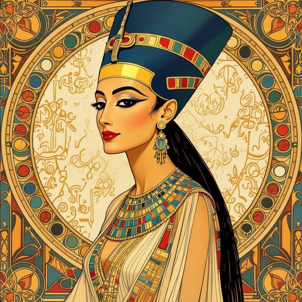 Majestic Queen Nefertiti in Golden Headdress and Art Nouveau...