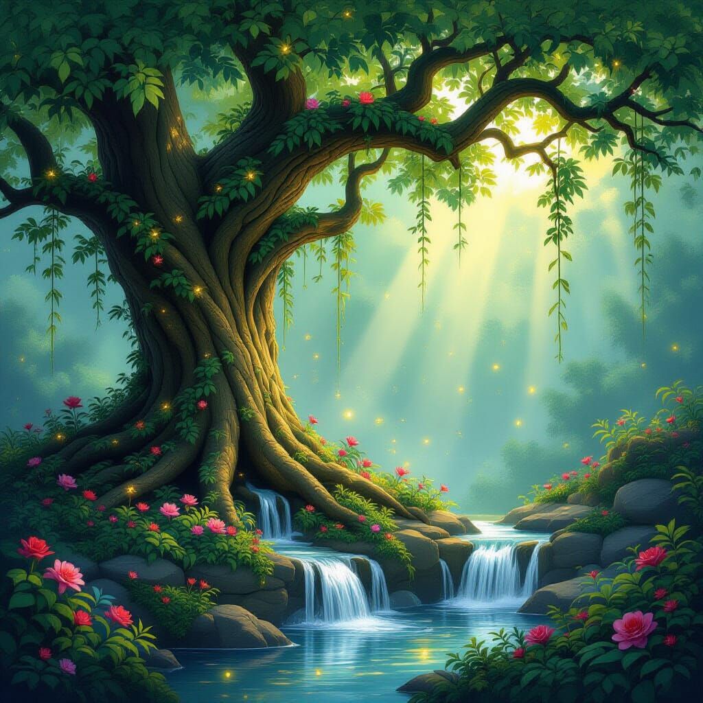 Meditative Sanctuary of Nature, Flowers, and Vines in Storyb...