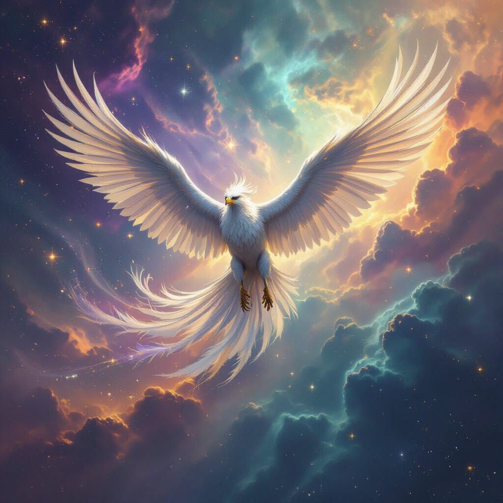 Griffin Soaring Through Nebula in Hyperrealism