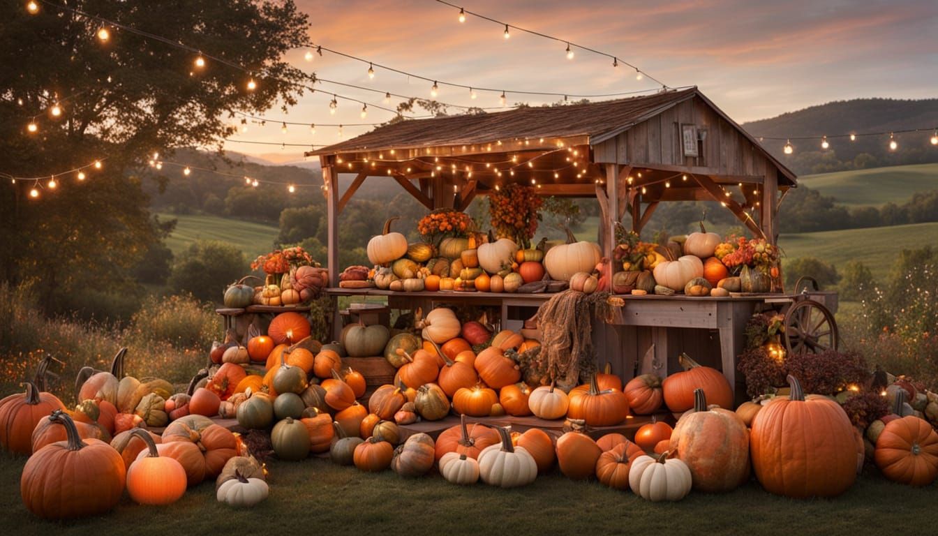 Rustic Farmstand with Whimsical Pumpkins at Sunset