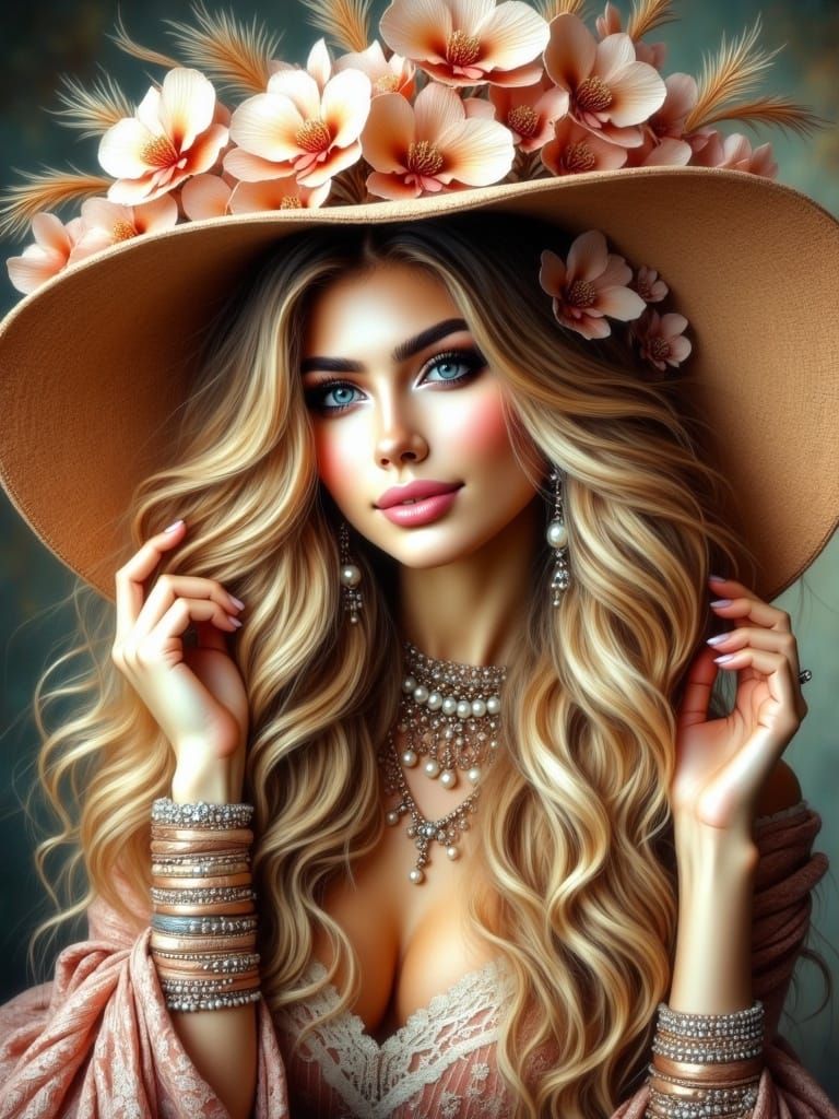 Elegant Woman in Opulent Attire, Adorned with Orchids and Di...