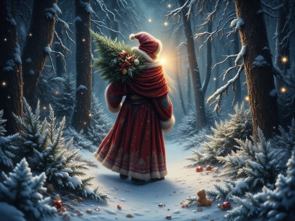 Father Christmas Lights Dark Forest in Snowstorm