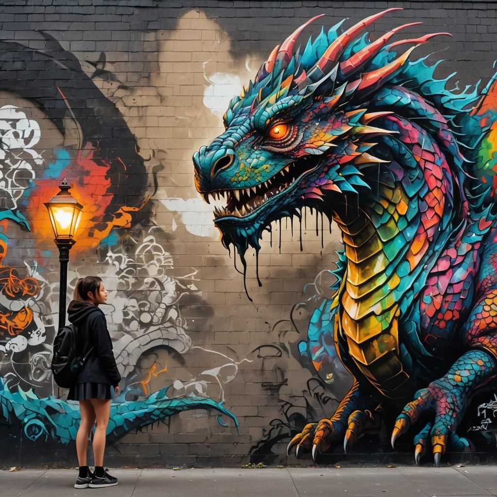 Girl and Dragon in Urban Fantasy Graffiti
