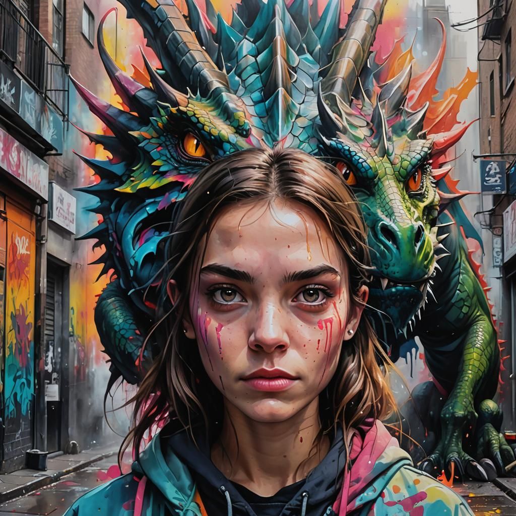 Street Art Portrait: Girl and Dragon in City Alley