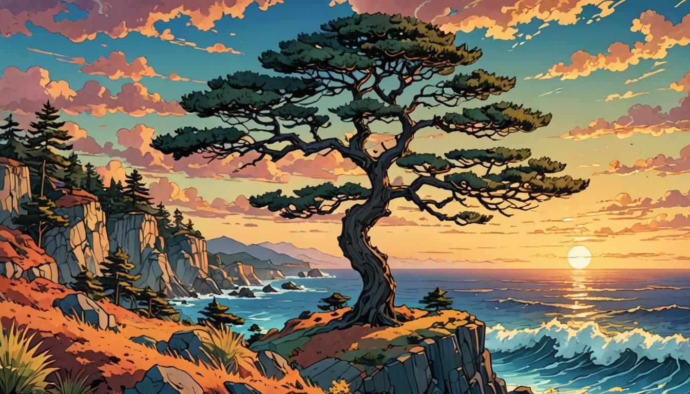 Autumn Pine Tree Silhouette at Sunset on Cliffside Ocean Sho...