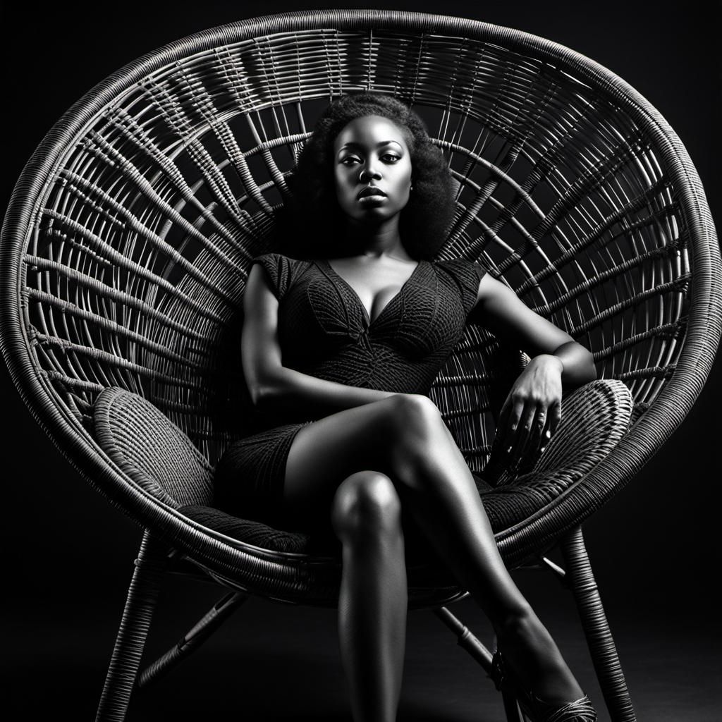 Black on black! Woman in wicker chair.